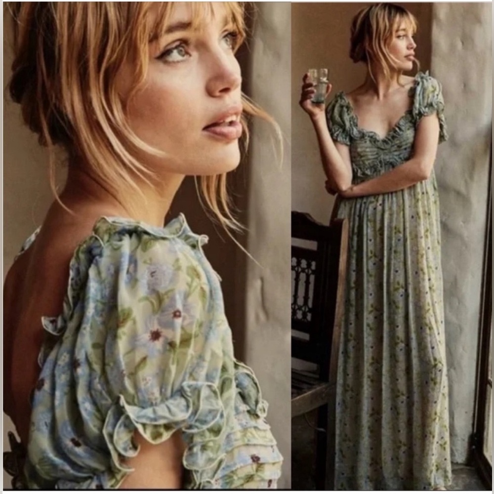 Doen Sage Green Floral Puff-Sleeve Maxi Dress - Picture 2 of 7